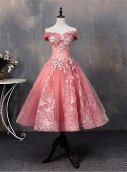 Picture of Lovely Pink Off Shoulder Party Dresses, Lace Applique Prom Dresses